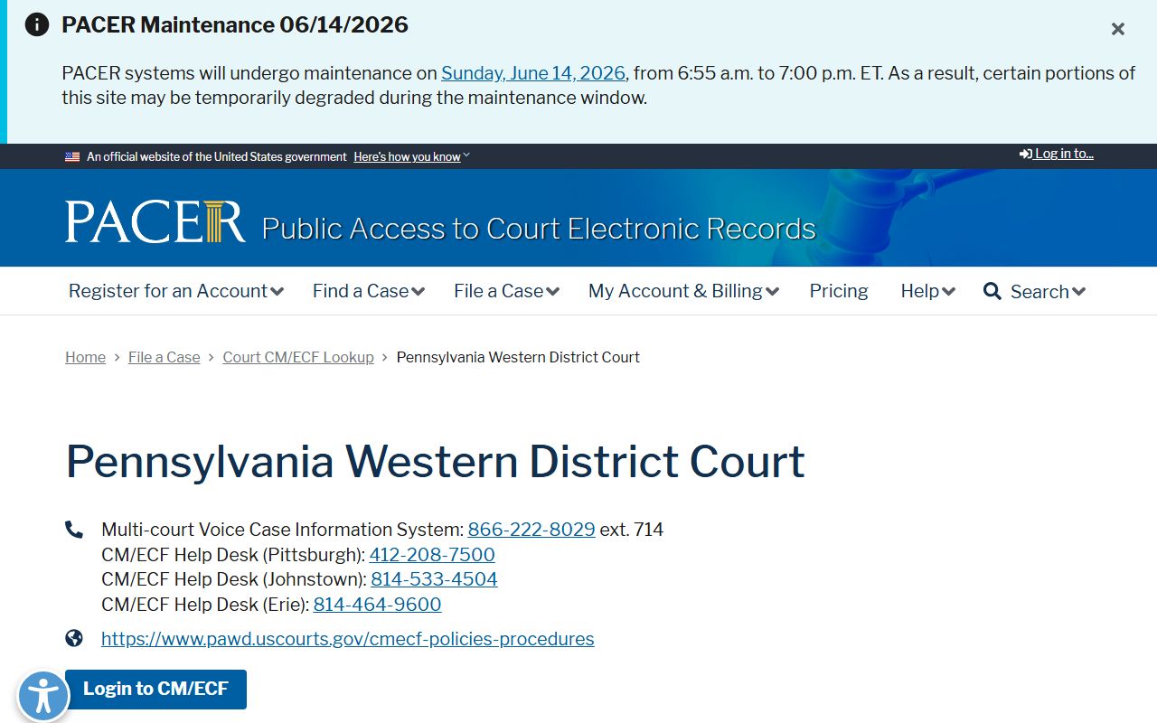 Pennsylvania federal CM/ECF lookup context for Greene County